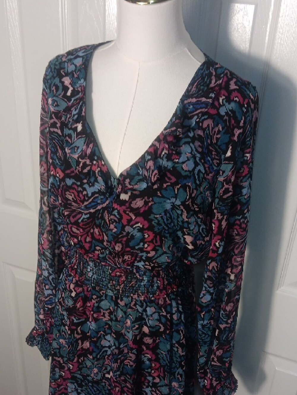 Nanette Lepore Teal Navy & Pink Floral Long-Sleeve Bohemian Maxi Dress - Picture 3 of 12